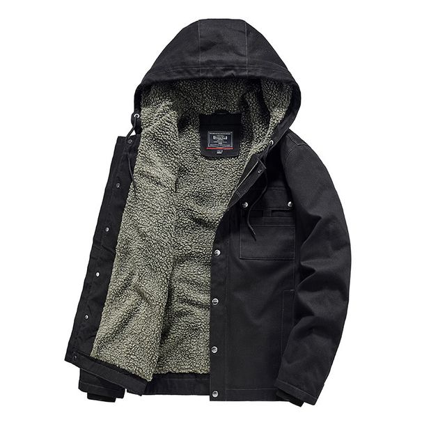 Men's Winter Workwear Jacket – Thickened Fleece-Lined Hooded Coat With Sherpa Collar For Extreme Cold Weather_viptrois.com