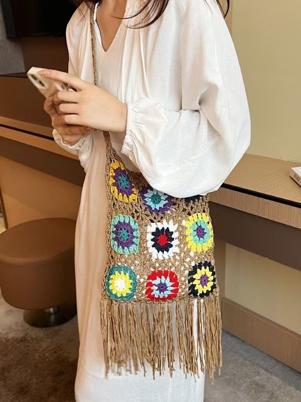 Women's Shoulder Bags Hand-crafted Crochet Hollowed-out Woven Handbag With Contrasting Colors, Bohemian Chic Chic Crochet Knitted Bag For Women_viptrois.com
