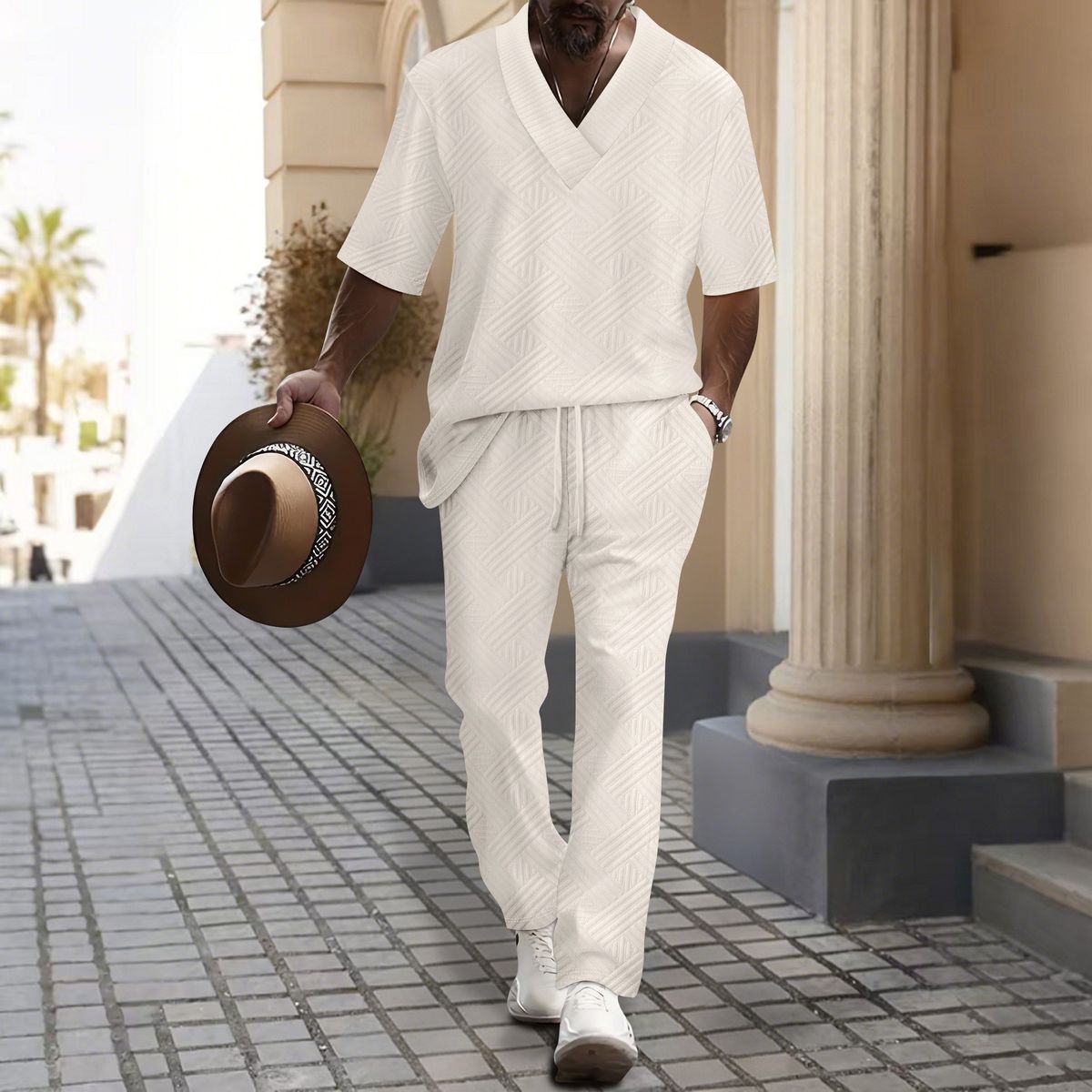 Men's Clothing Men's Casual Short Sleeved Trousers Sweetheart Collar Solid Color Versatile Jacquard Summer Suit_viptrois.com
