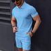 Men's Clothing Summer Casual Men's Polo Shirt Suit Solid Color Waffle Lapel Short Sleeve Two Piece_viptrois.com