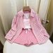 Kid's Clothing 2024 early autumn new girls' casual striped sunscreen shirt stylish vest shorts three piece set_viptrois.com
