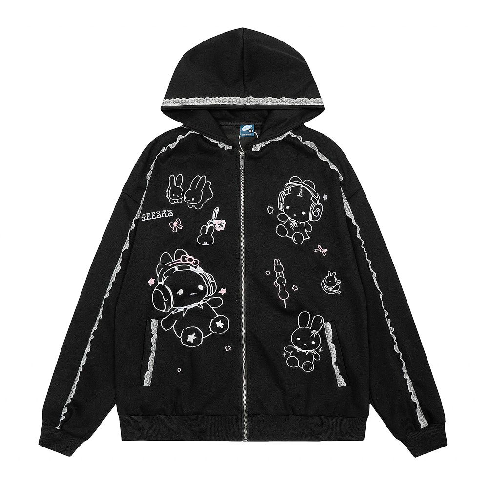 Cartoon Embroiery Loose Hooe Carigan Sweatshirt Men Lace Trim Patchwork Design Sense Niche Jacket Spring Autumn_viptrois.com