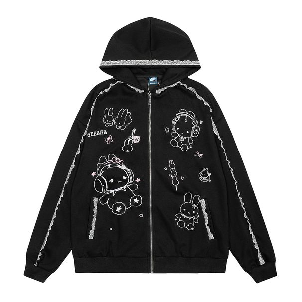 Cartoon Embroiery Loose Hooe Carigan Sweatshirt Men Lace Trim Patchwork Design Sense Niche Jacket Spring Autumn_viptrois.com
