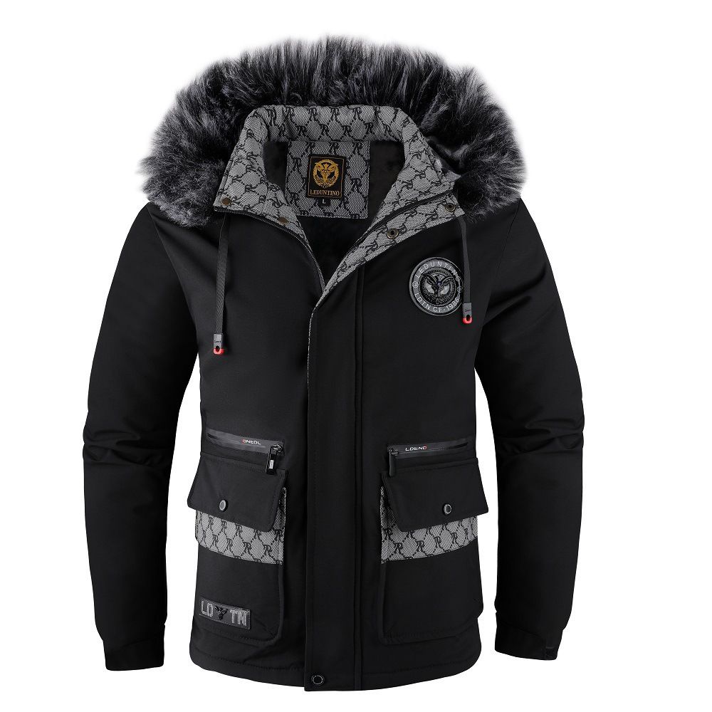 Men's Clothing Winter Fleece-Lined Hooded Jacket With Detachable Fur Collar - Warm Thickened Casual Coat For Cold Weather (Black/White, Sizes M-5XL)_viptrois.com