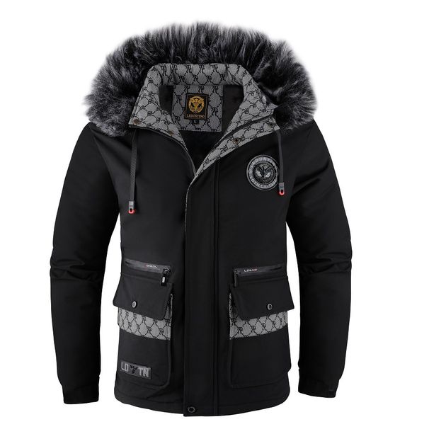 Men's Clothing Winter Fleece-Lined Hooded Jacket With Detachable Fur Collar - Warm Thickened Casual Coat For Cold Weather (Black/White, Sizes M-5XL)_viptrois.com