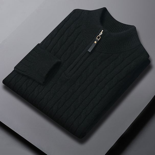 Men’s Cable Knit Sweater – Semi-Turtleneck Zip-Up Pullover, Breathable & Wrinkle-Resistant (Multiple Classic Colors)_viptrois.com