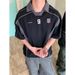 American-style Patchwork Design With Letter Print Contrasting Colors, Sporty Loose-fit Polo Collar Short-sleeve T-shirt_viptrois.com