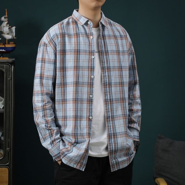 Spring And Autumn Japanese Style Plaid For Men, Versatile Color-Block Cardigan, Loose Casual Jacket, Couple Long Sleeve_viptrois.com