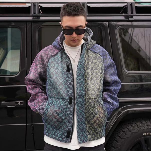 Men's Clothing New Spring And Summer Sun Protection Suit Neon Gradient Grid Personality Design Trendy All Match Breathable Jacket Shorts_viptrois.com