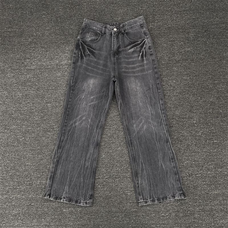 Streetwear Lightning Crack Wash Blue Jeans – Men’s Straight-Leg Flare Denim (M-3XL) – Stretch Cotton Blend, Mid-Rise, Zip Fly_viptrois.com