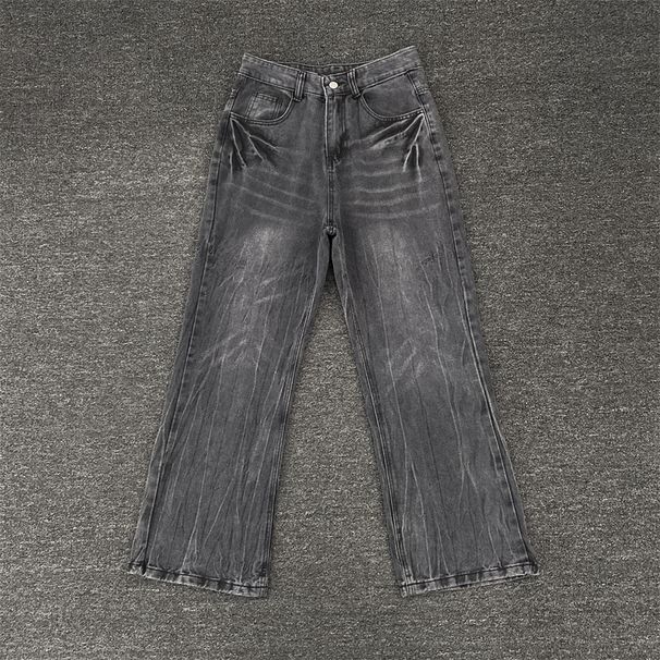 Streetwear Lightning Crack Wash Blue Jeans – Men’s Straight-Leg Flare Denim (M-3XL) – Stretch Cotton Blend, Mid-Rise, Zip Fly_viptrois.com