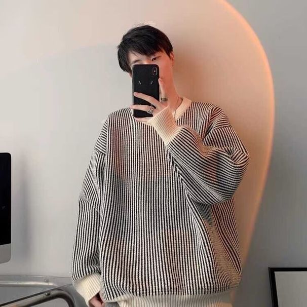 New round neck striped sweater men's autumn and winter fashion simple pullover sweater retro loose versatile top_viptrois.com