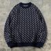 Men's Clothing Jacquard Knit Sweater Autumn/Winter Original Streetwear Geometric Knit Sweater - Oversized Crewneck Pullover In Navy Blue_viptrois.com