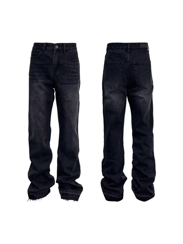 Men's Distressed Flared Jeans - Vintage Grey Cleanfit Denim With Frayed Hem, High Street Micro Bell Bottoms_viptrois.com