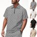 Men's Heavyweight Checkered Jacquard Collared Shirt Casual Loose Fit Half Zip Short Sleeve Breathable Cotton Blend Summer Top_viptrois.com