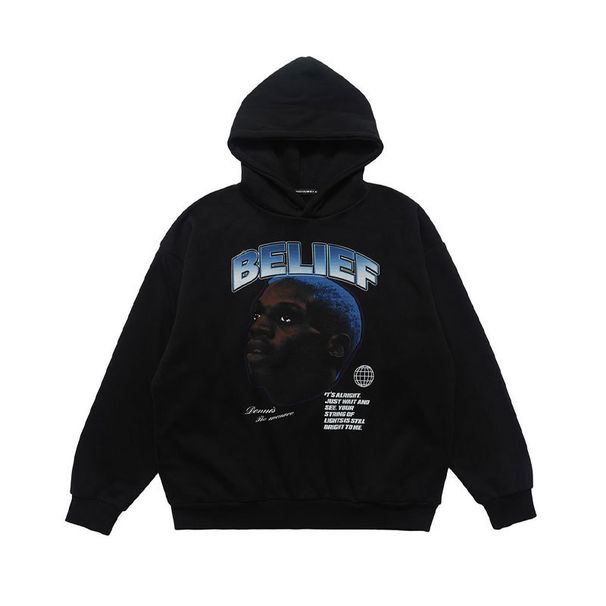 American Style Black Portrait Print Hoodie, Loose Fit Trendy High Street Hooded Sweatshirt_viptrois.com