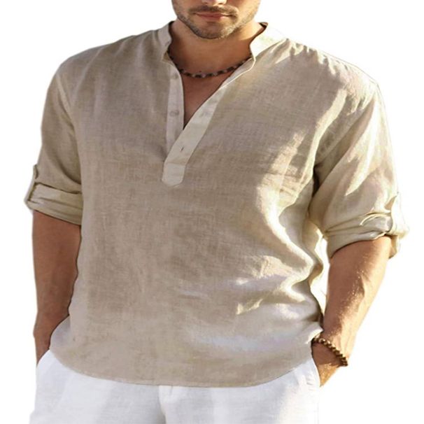 Men's Linen Long Sleeve T-Shirt Loose Fit Solid Color Cotton And Linen Sweatshirt European American Style plus Size Top_viptrois.com