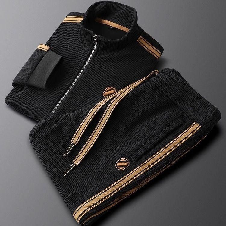 Men's Clothing Light luxury autumn and winter warm solid color leisure sports suit slim fit jacket men's straight striped two piece suit_viptrois.com