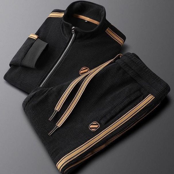 Men's Clothing Light luxury autumn and winter warm solid color leisure sports suit slim fit jacket men's straight striped two piece suit_viptrois.com