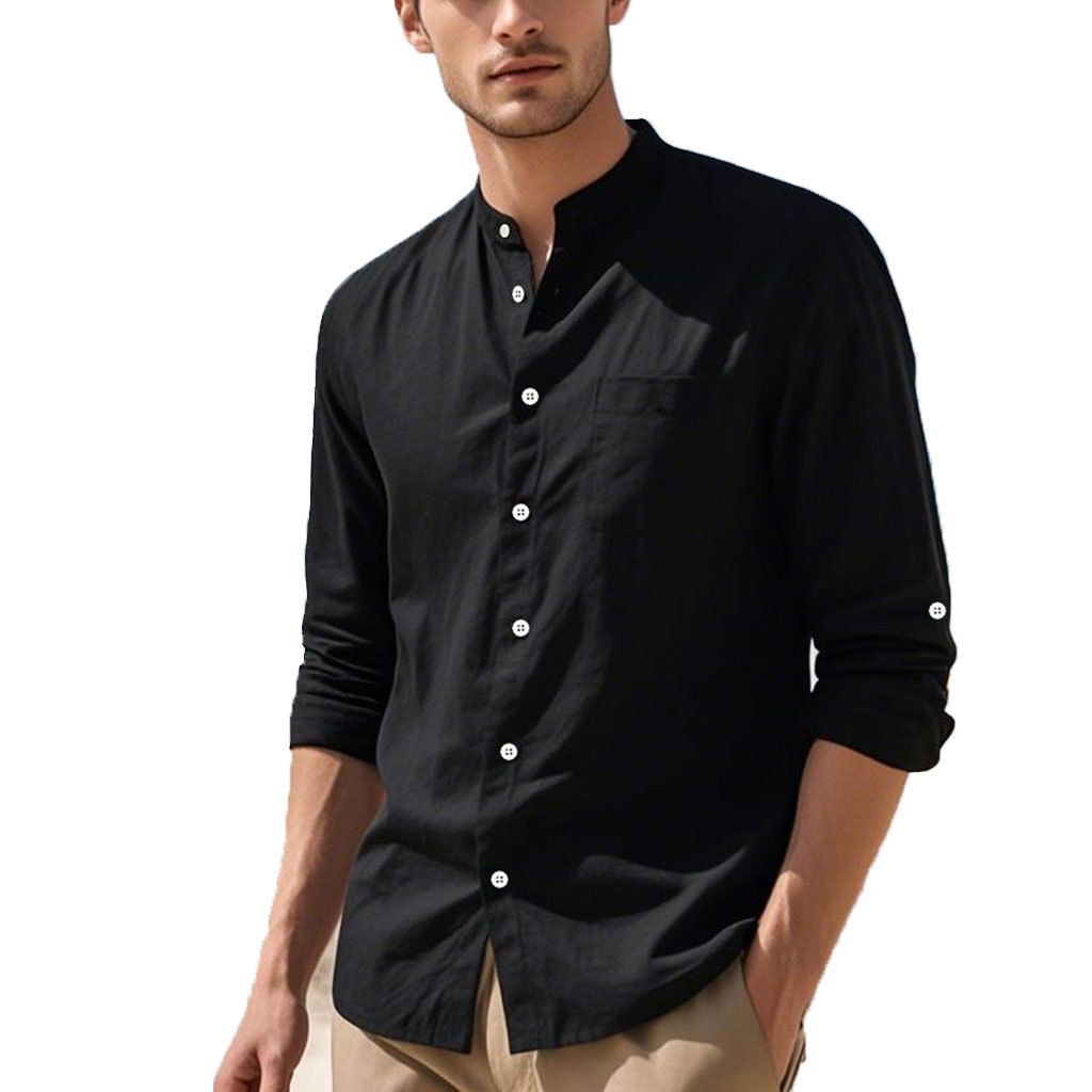 Men's Clothing Solid Color Men's Shirt Casual Cardigan Stand Collar Linen Loose Casual Retro Men's Shirt_viptrois.com