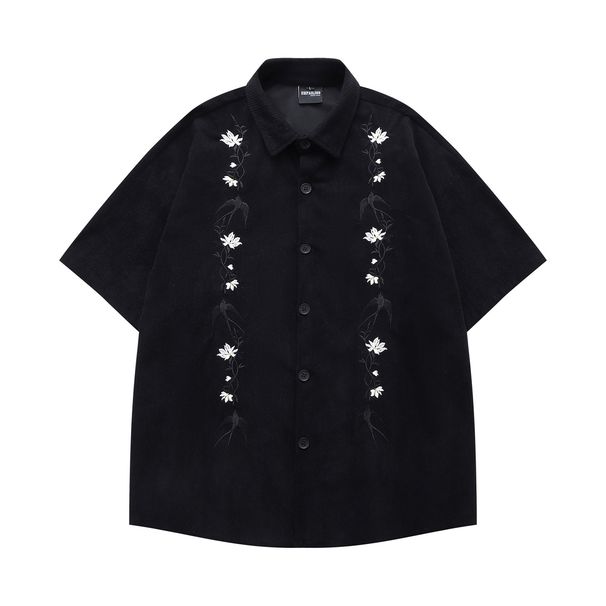 American Retro Heavy Industry Embroidered Corduroy Short-sleeved Shirt For Men And Women, Loose Casual Versatile Shirt In Summer_viptrois.com