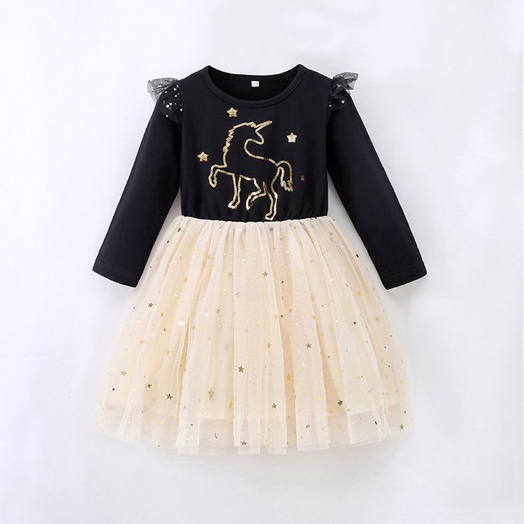 Girls' Autumn/Winter Sequin Embroidered Cartoon Princess Dress Long Sleeve Dress_viptrois.com