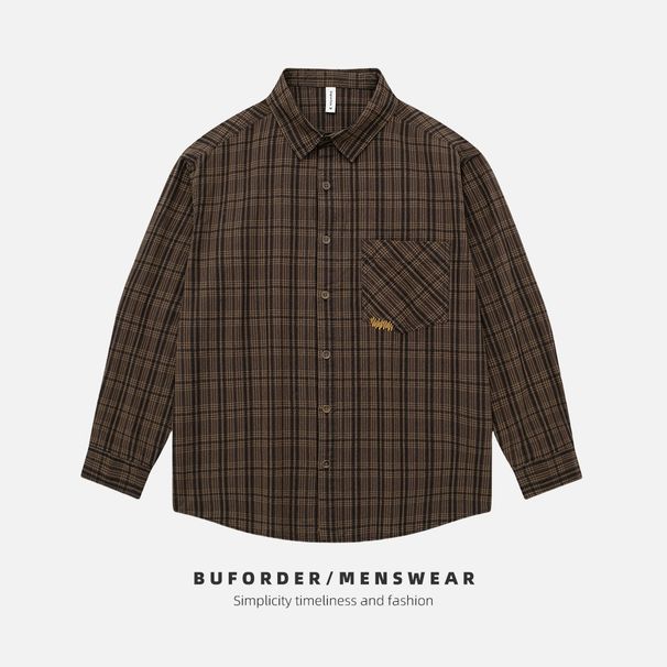 Nordmann Spring And Autumn Men's Pure Plaid Long Sleeve Japanese Retro Embroidery Casual Washed Cotton Shirt D261 Trendy Style_viptrois.com