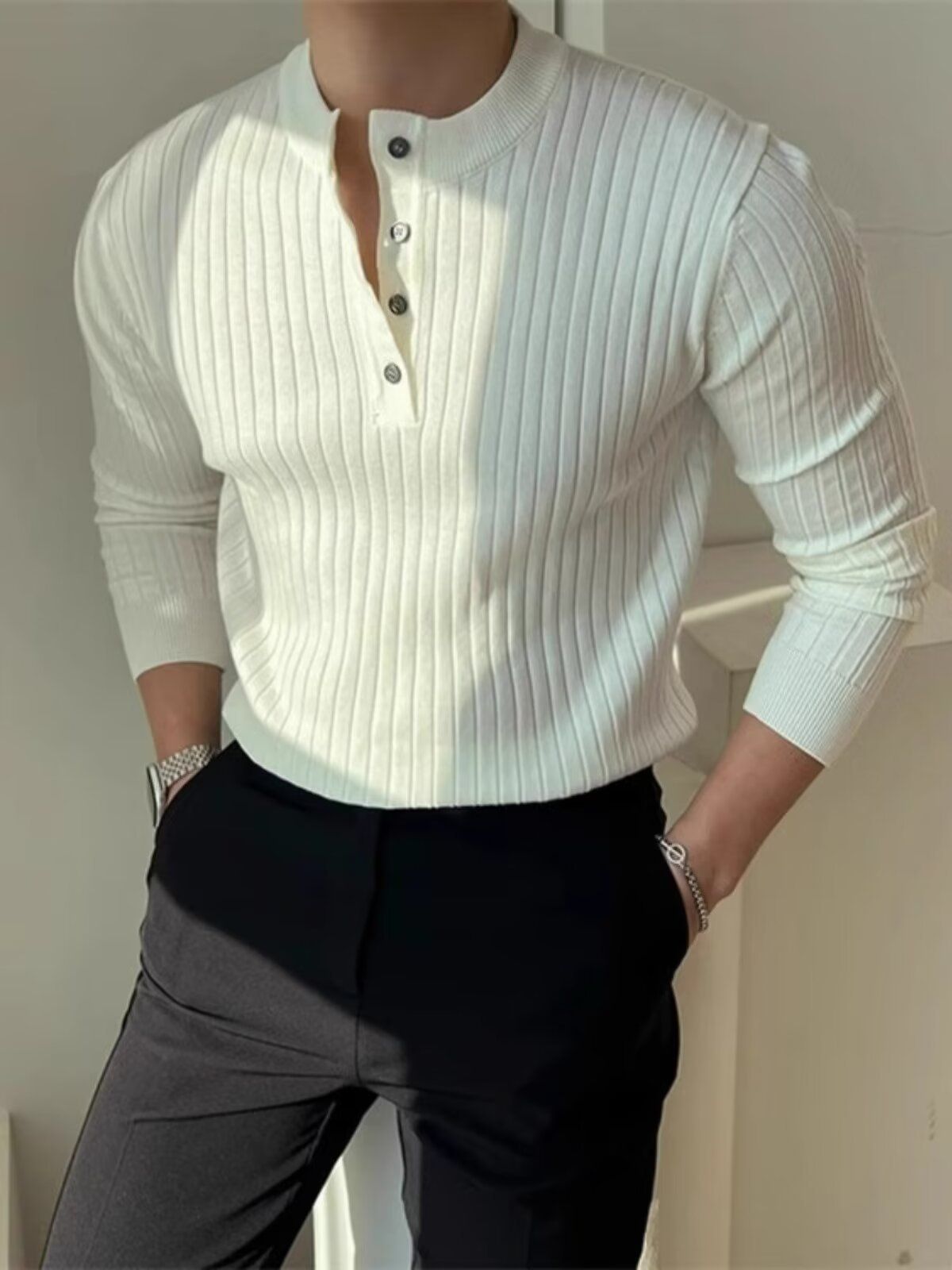 Spring And Autumn New Long Sleeve Knitted Sweater Men's Light Mature Slim Fit T-shirt_viptrois.com