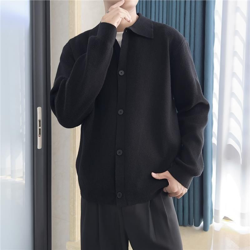 Pure Gray Autumn Winter Korean Minimalist Style Knitted Cardigan Trendy Versatile Sweater Warm Coat Men_viptrois.com