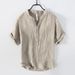 Men's Clothing Linen Short Sleeve Casual T-Shirt Relaxed Fit V-Neck Retro Breathable Shirt(White, Hemp, Gray, White Collar, Light Blue Collar)_viptrois.com