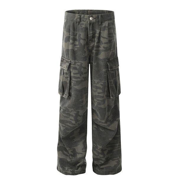 Loose Wide-Leg Cargo Men's Street Style Multi-Pocket Pleated Camouflage Outdoor Sports Denim Casual Pants_viptrois.com