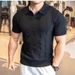 British Style Men's Knit Polo Shirt - Retro Short Sleeve Crew Neck Jacquard Textured Sweater With Drop Shoulder (Navy/Charcoal/Black/Coffee/White)_viptrois.com