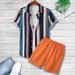 Men's Clothing Striped Contrast Color 3D Printing Summer Vacation Shirt Shorts 2 Piece Set_viptrois.com