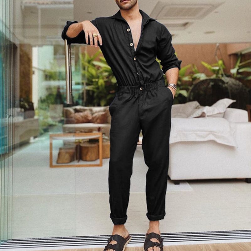 Individual European and American men's long-sleeved single-breasted fashion romper with lapel solid color belted romper_viptrois.com