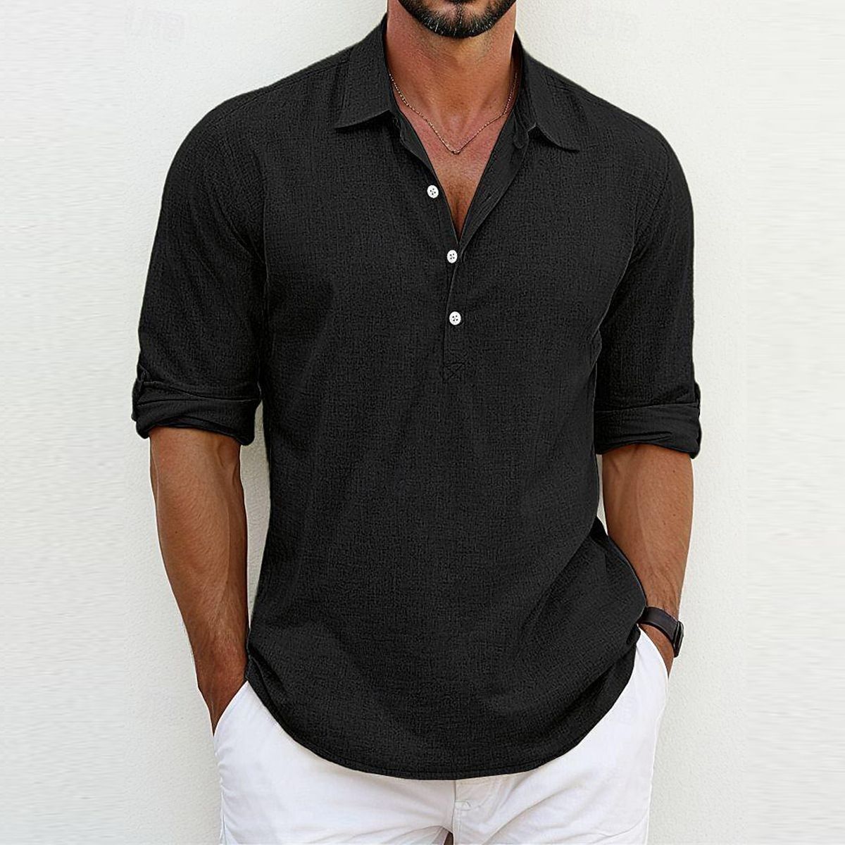 Men's Clothing European And American Men's Large Size Solid Color Lapel Shirt Home Leisure Fashion Sleeve Shirt Tops Cross Border Men's Tops_viptrois.com