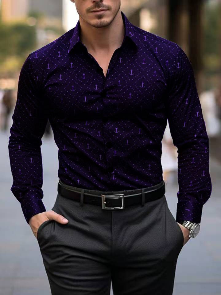 Men's Clothing Spring And Autumn Men's Shirt Youth Breathable Formal Wear Anchor Print Thin Men's Long Sleeved Shirt_viptrois.com