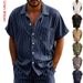 Men's Summer Linen Jacquard Shirt Vertical Stripe Collared Button Down Loose Breathable Casual Short Sleeved_viptrois.com