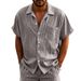 Summer Linen Jacquard Shirt Vertical Stripes Turn-down Collar Button Loose Breathable Casual Men's Short Sleeve_viptrois.com