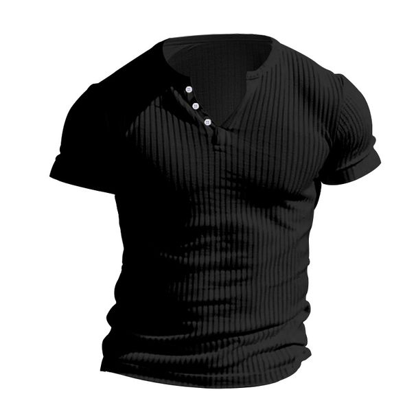 Men's New Solid Color Summer Versatile T-shirt Henley Shirt Casual Knit Short-sleeved Tops_viptrois.com