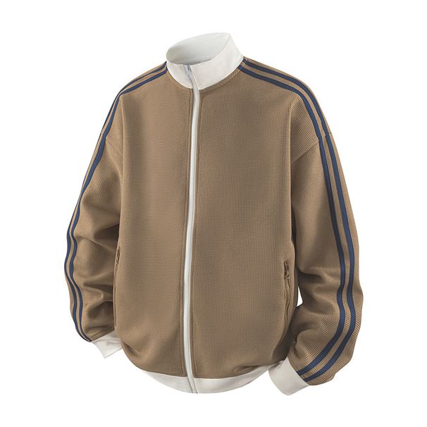 Men's Clothing Fleece-Lined Waffle Knit Sherpa Jacket - Stand Collar Zip-Up Hoodie, Streetwear Pullover For Fall & Winter (Black, Brown, Navy)_viptrois.com
