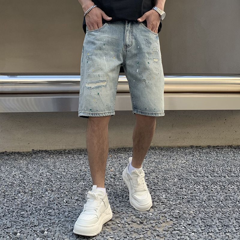 Men's Clothing Summer Mid Length Pants Trendy Brand Patch Hole Five Point Denim Shorts Men Ins Handsome Trendy Half Length Pants Youth Five_viptrois.com