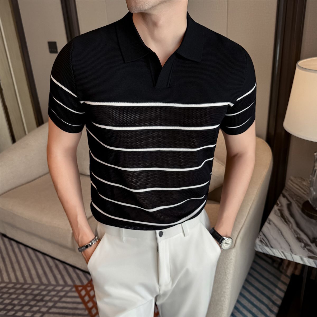 Summer New Arrival Men's Polo Shirt High End Ice Silk Hollow out Striped Short Sleeve T-Shirt Thin Knitwear_viptrois.com