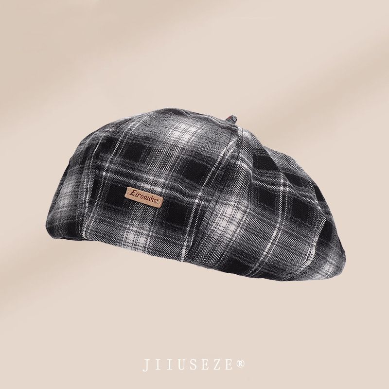 New Autumn Winter Artistic Octagonal For Women Korean Version Trendy Plaid Forward Painter Face Slimming Beret Hat_viptrois.com