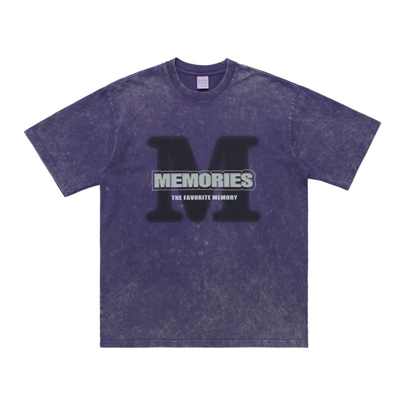 American Style Men's Letter Print Washed Vintage Street Loose Drop Shoulder T-Shirt Couple Wear_viptrois.com