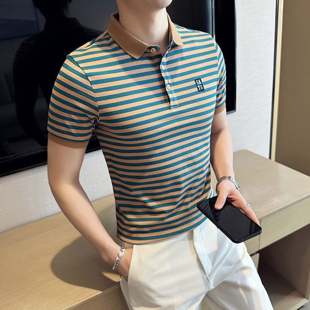 Men's Slim Fit Striped Polo Shirt Short Sleeved Collared Thin Stretchy Cotton T-Shirt TikTok Viral Male Fashion Top_viptrois.com