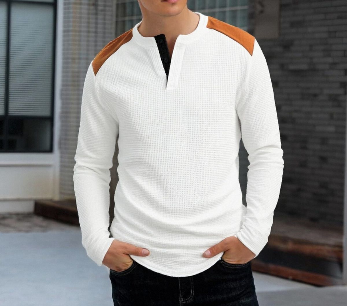 Men's Waffle Knit Henley Long Sleeve Shirt - Breathable & Stylish Casual Top With Button Placket (White, Black, Olive, Khaki)_viptrois.com