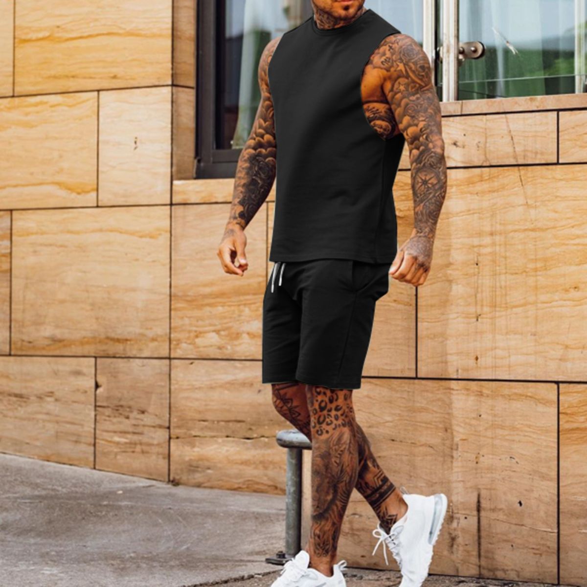 Men's Clothing Sports Suit Casual Thin Five Point Pants Sleeveless Top Solid Color Half Shoulder Shorts Two Piece Set_viptrois.com