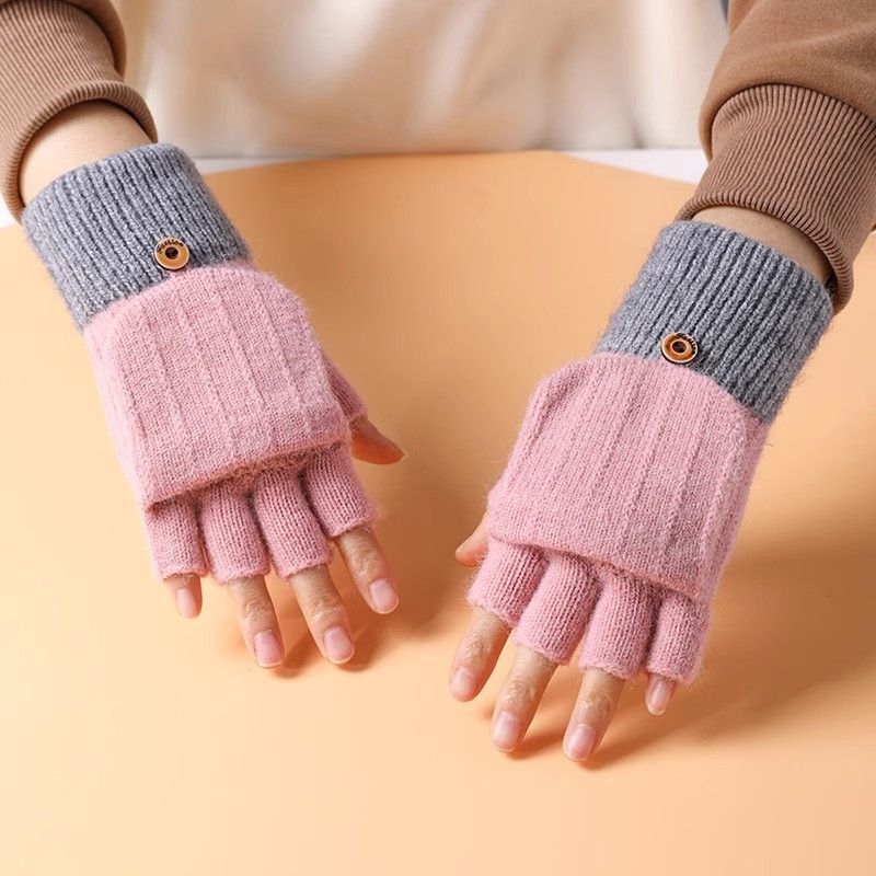 Half finger flip glove Winter Ladies cute plus fleece knit warm wool fingertip_viptrois.com