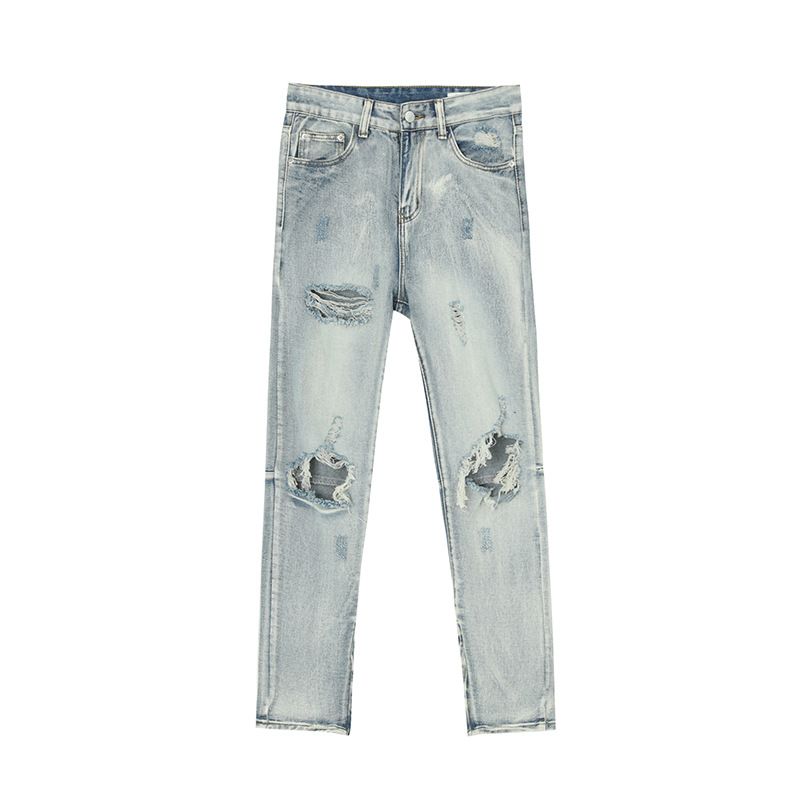 Men's Light Blue Destroyed Skinny Jeans Extreme Rips Raw Hem High Street Fashion Denim_viptrois.com