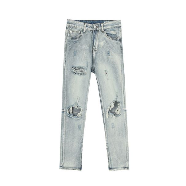 Men's Light Blue Destroyed Skinny Jeans Extreme Rips Raw Hem High Street Fashion Denim_viptrois.com